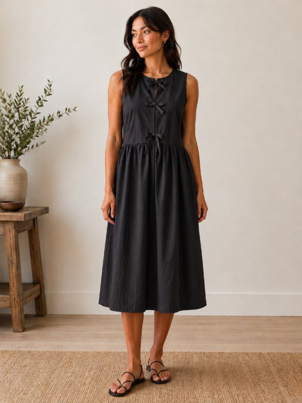 Joie Cotton Poplin Bow Tie Midi Dress Sleeveless Black Size Large